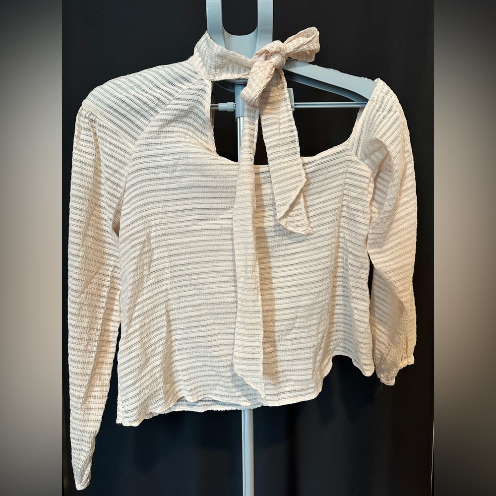 Zara Cream Ribbed Tie Front Long Sleeve Blouse